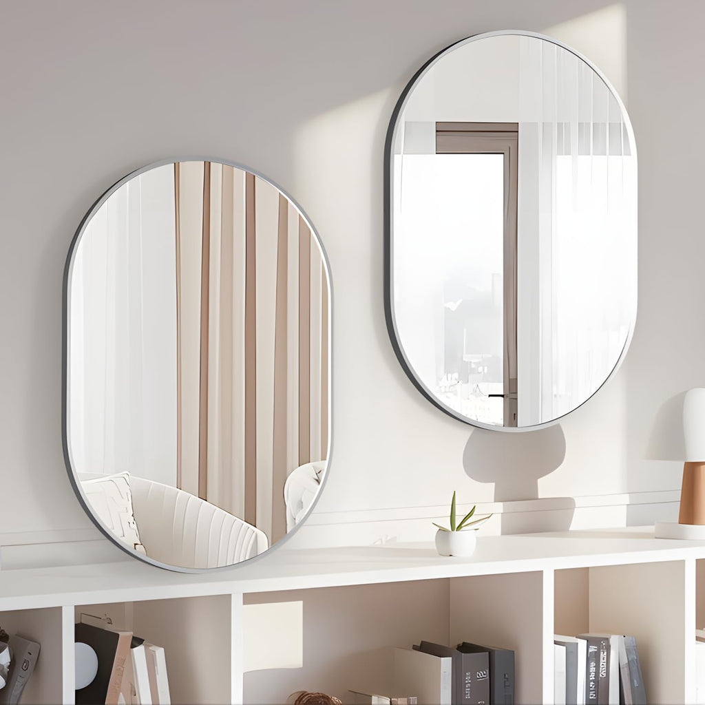 Oval Bathroom Capsule Wall Vanity, 24"x36" Pill Mirrors Wall Mounted, Large Modern with Silver Metal Frame, Decor