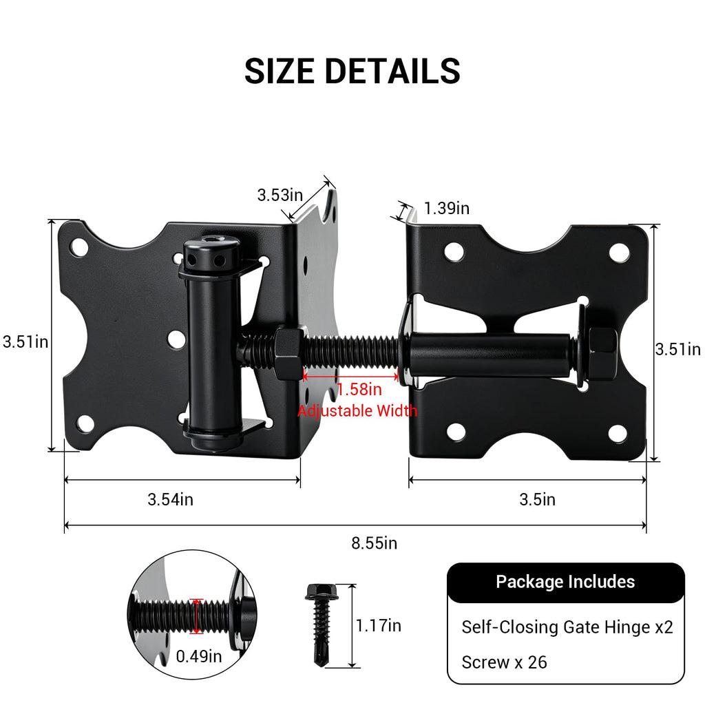 Self Closing Gate Hinges, 90 Degree Adjustable Hinges, Black, 2 Pack