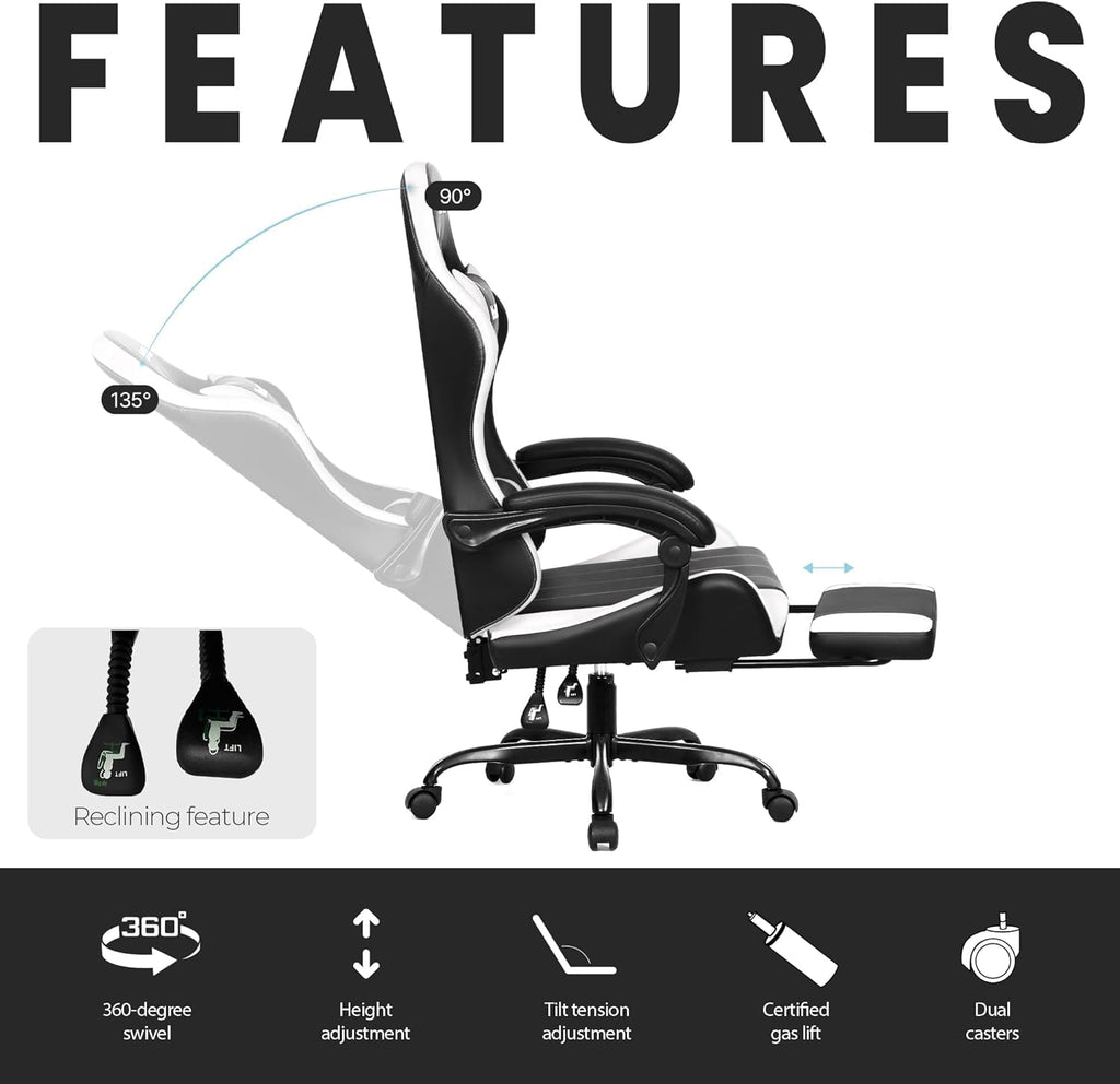 Gaming Chair, Footrest, Lumbar, High-Back, White Black