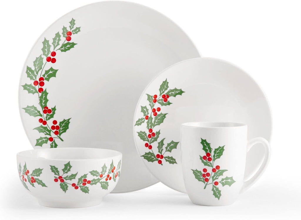 Holiday Cheer 16 Piece Dinnerware Set Service for 4 Multicolor Multi Color Casual Round Porcelain Pieces Microwave