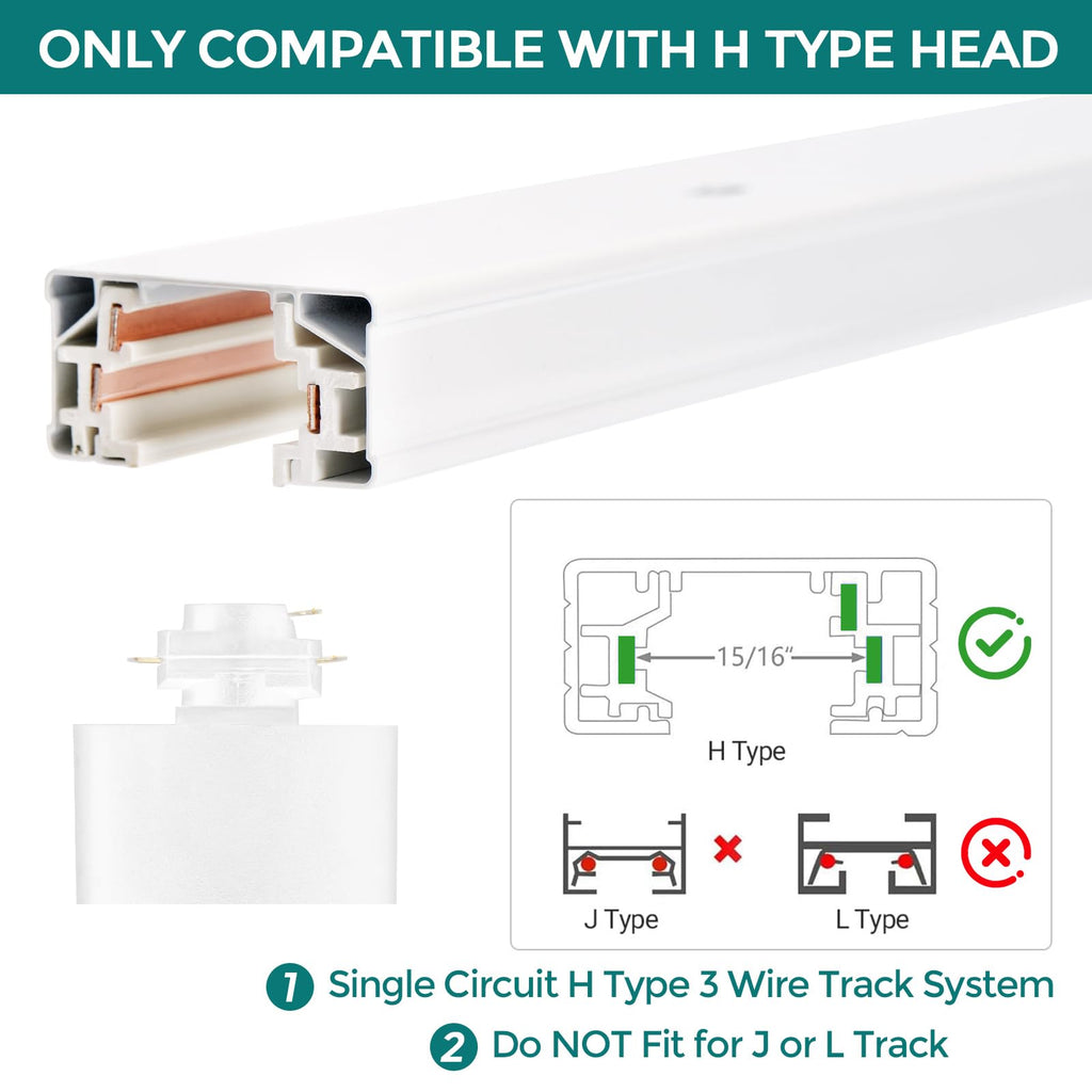 H Track Lighting Rails Kit - 20ft White Track Light Tracks 3 Wire with Floating Canopy Connector, I and L Connectors