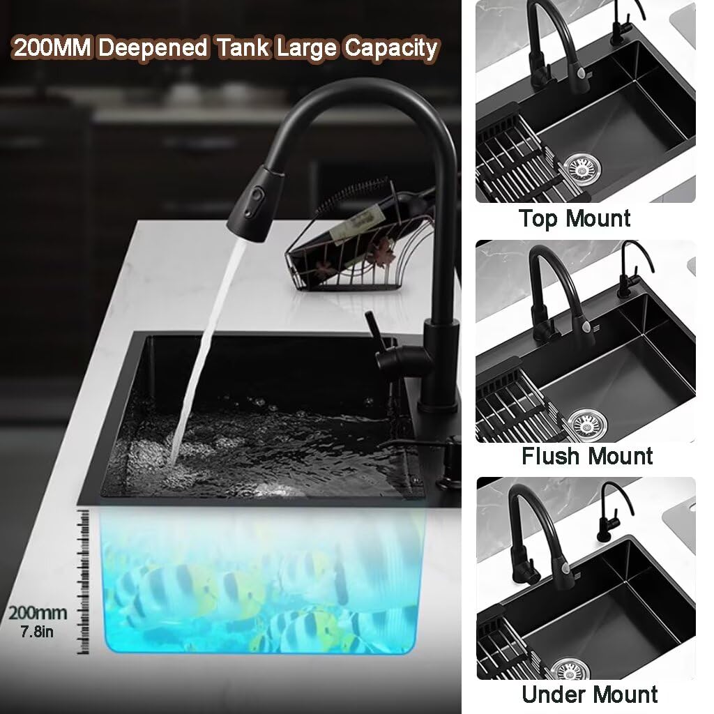 Black Drop Sink, Stainless Steel Single Bowl Sink with 3 Holes, Topmount Workstation Sink, Farmhouse Rectangle Basin