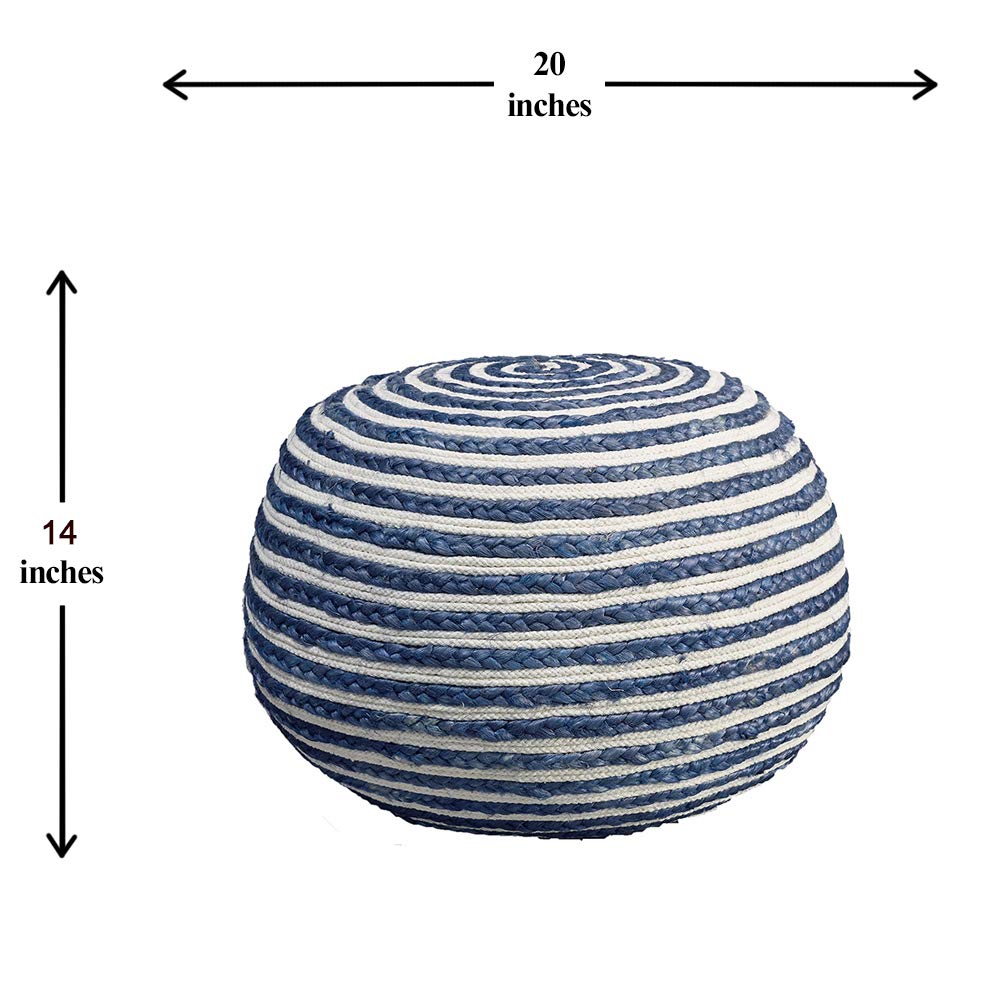 L.R. Resources Corcovado Deep Sea Braided Pouf Ottoman, 14"X20", Blue/White