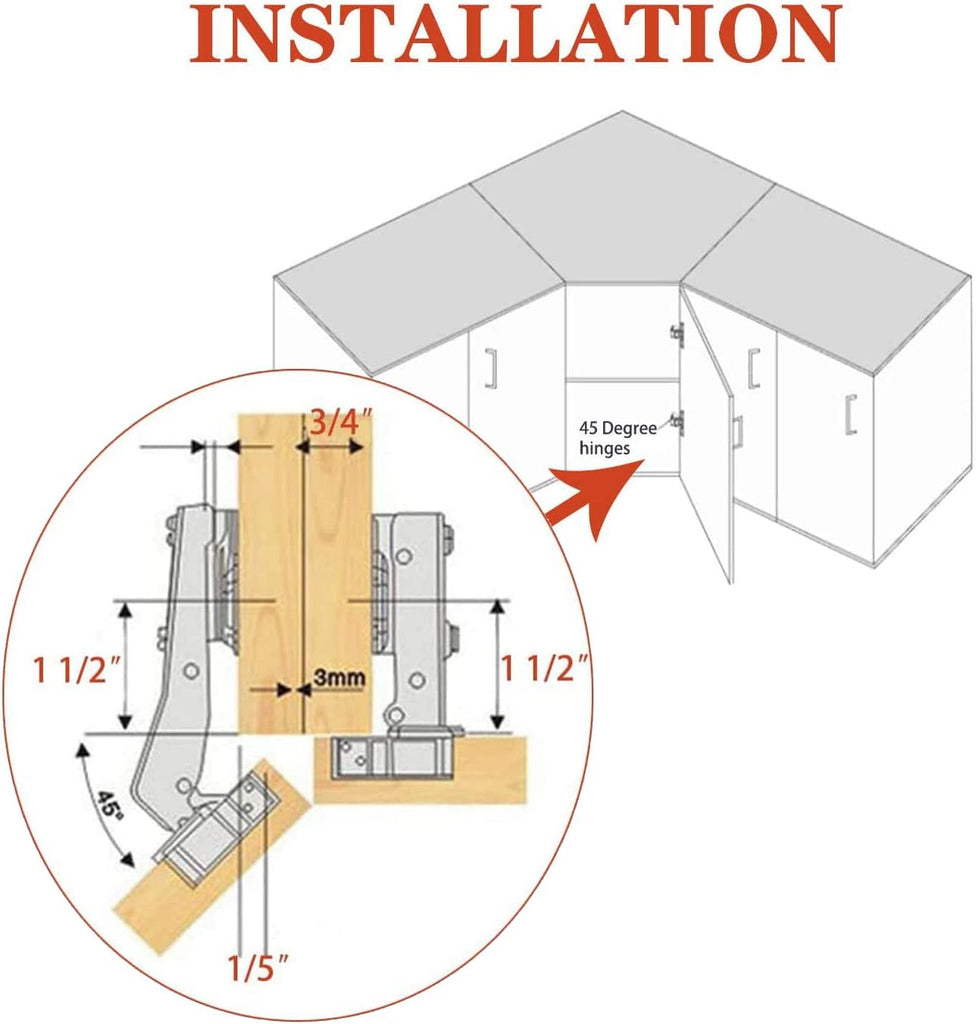 45°Cabinet Hinges Soft Close Kitchen Door Cabinet Hinge - Concealed, Soft Close, 3D Adjust for 135 Degree Corner