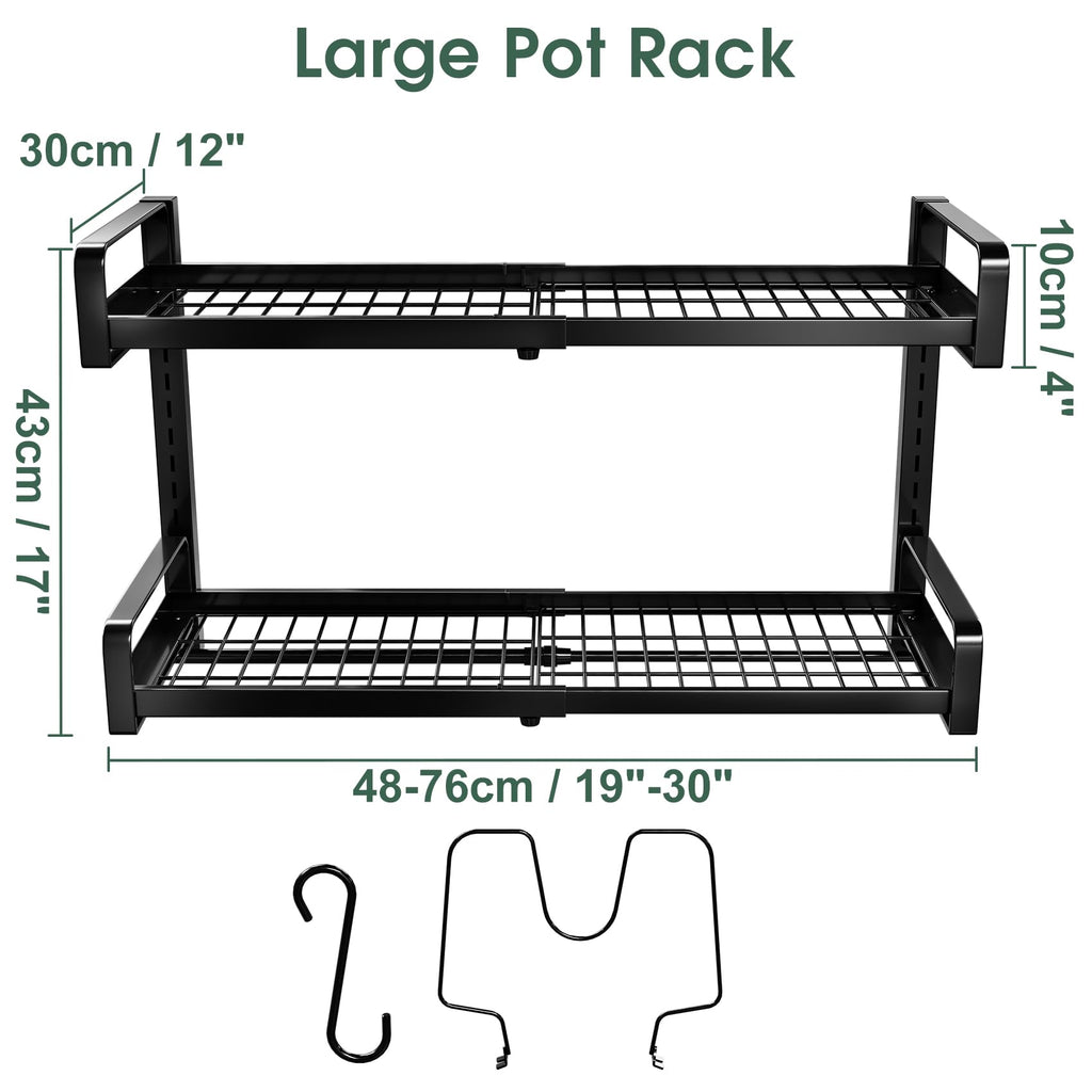 19"- 30" Expandable Hanging Pot Rack, 2 Tier Heavy Duty Wall Mounted Pots and Pans Organizer with 10 Hooks and 5 Pot