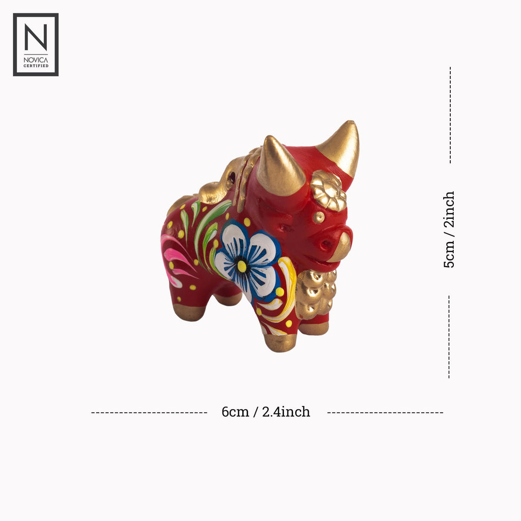 Artisan Handmade Ceramic Figurine Painted Pucar Bull Sculpture from Peru Metallic Red [2in H x 2.4in W x 1.2in D] '