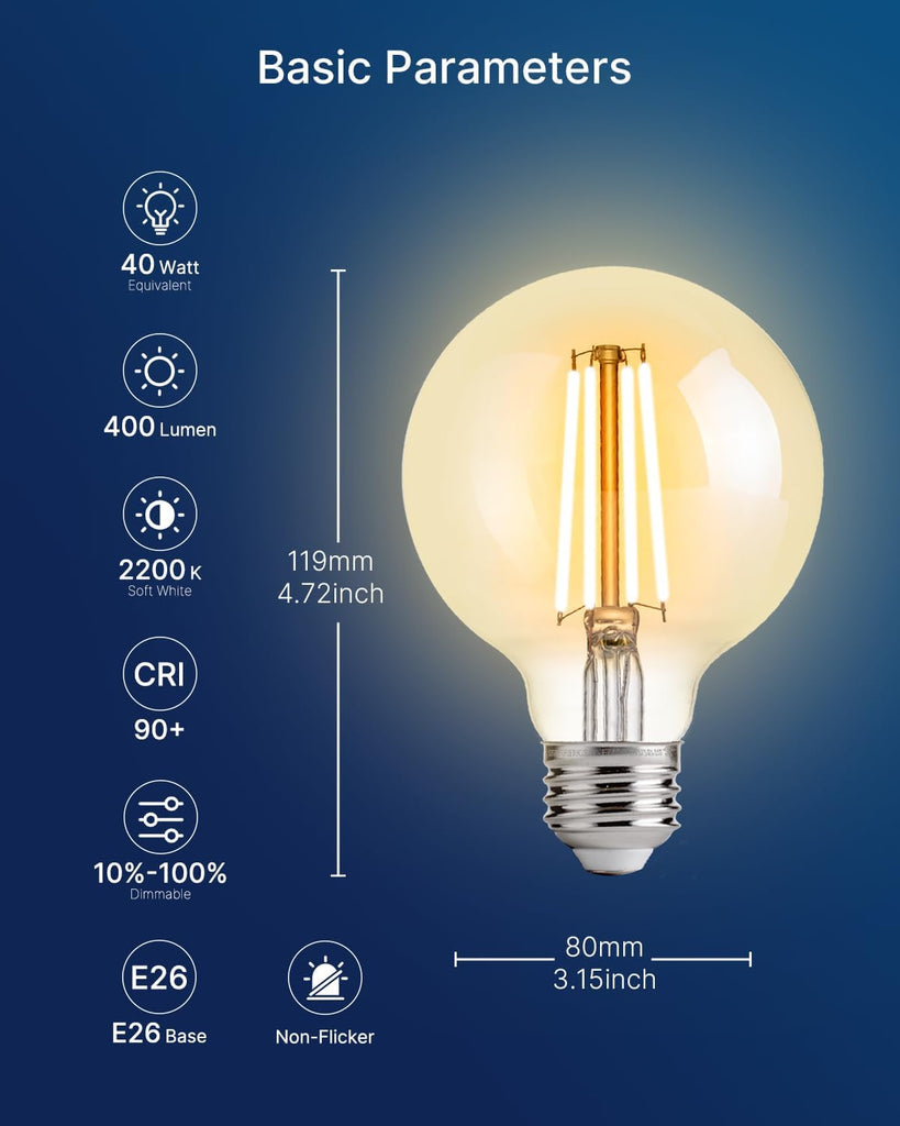 G25 LED Globe Bulbs, 40W Eqv, 400LM, 2200K Warm White, E26, 4 Pack