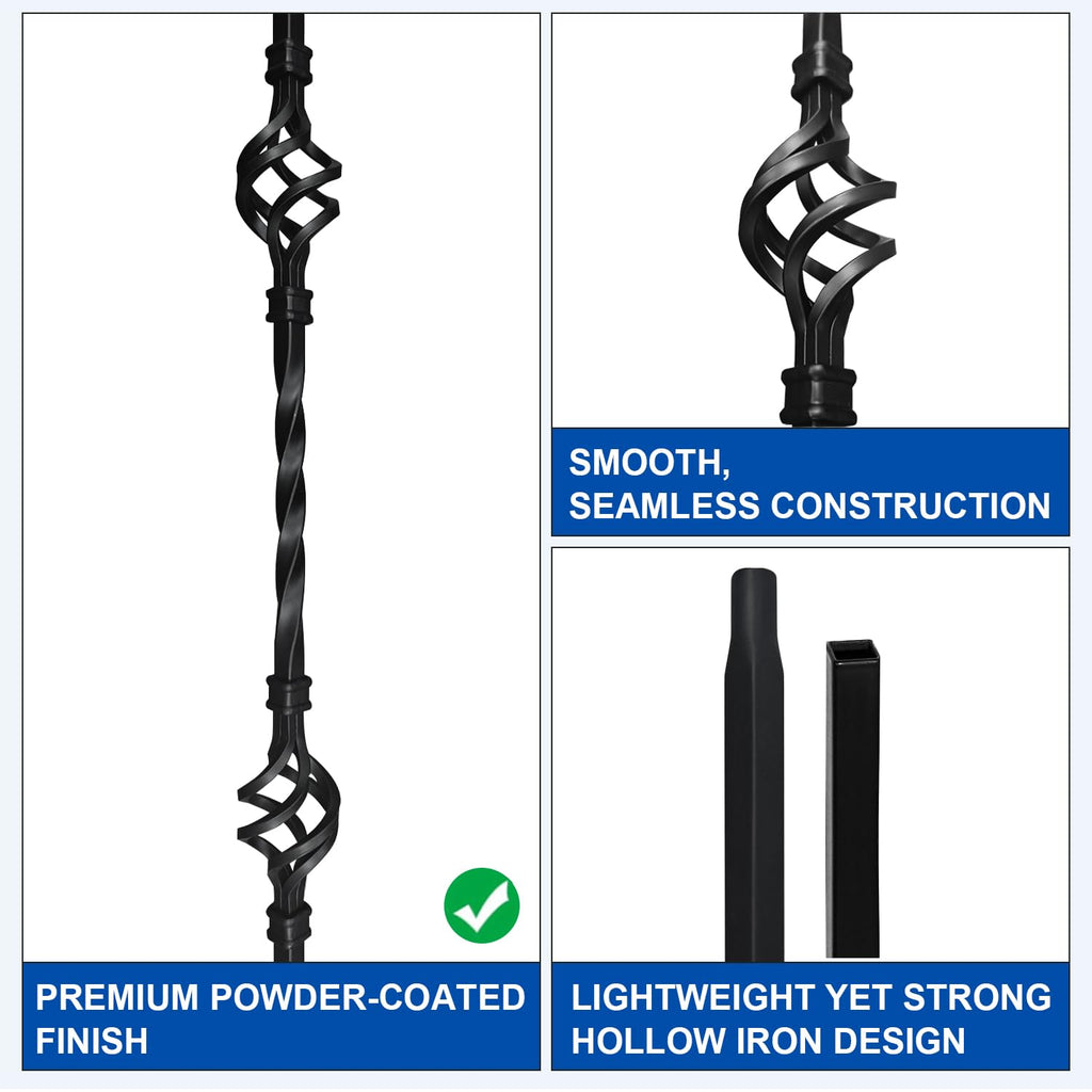 10 Pack 44" Iron Double Basket Balusters for Staircase Interior, 1/2" Hollow Stair Balusters, Matte Black Metal