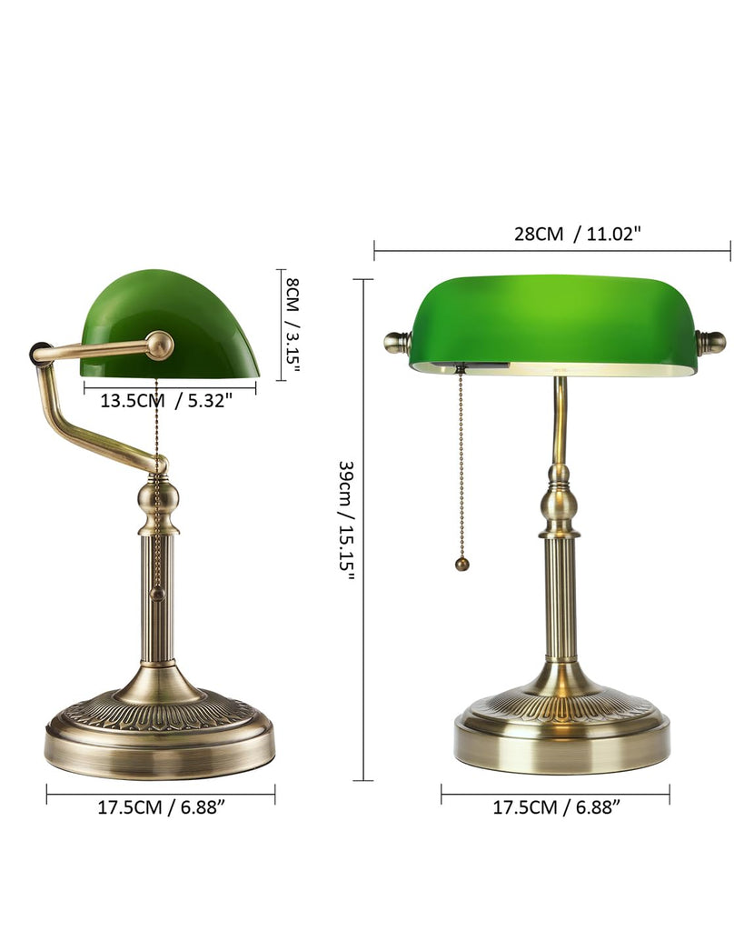 Green Glass Bankers Desk Lamp with Pull Chain Switch Plug