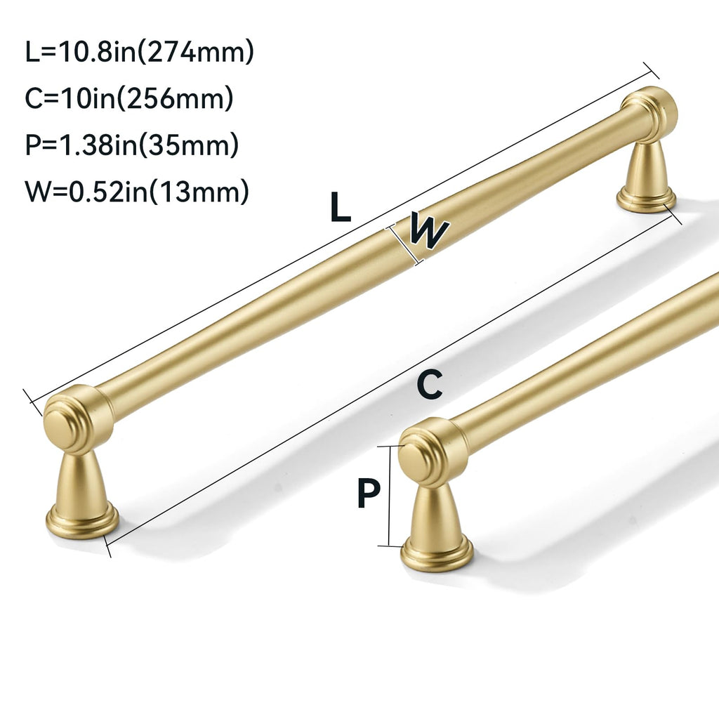 2 Pack 10inch(256mm) Center to Center Brushed Gold Cabinet Pulls Matte Gold Handles for Cabinets Cupboard Solid Heavy