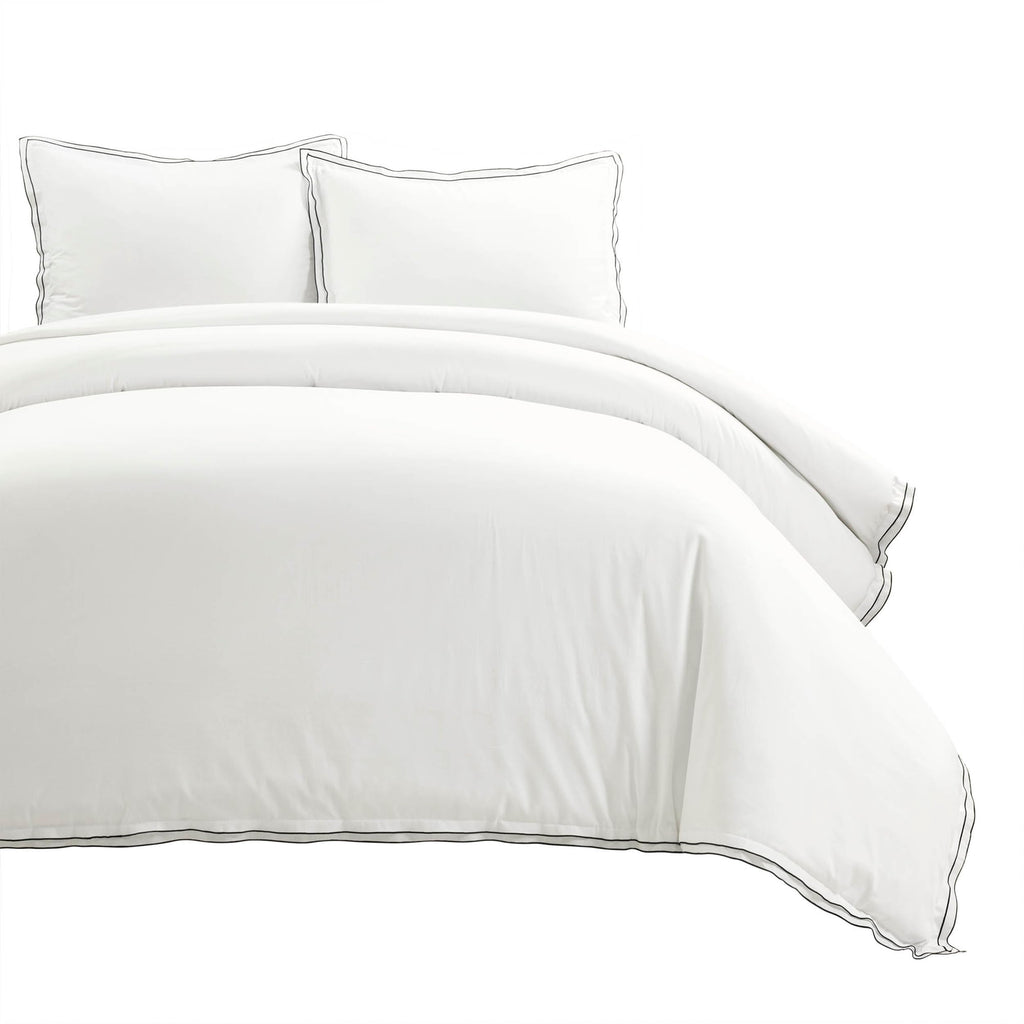 Hampton Double Flange Embroidered Contrast Edge Cotton Duvet Cover Set, 3 Piece Set, White & Black