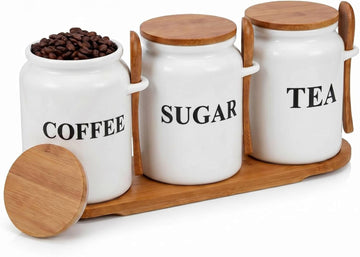 Coffee Sugar and Tea Canister Set with Tray and Spoon 27 oz Ceramic Farmhouse White Container Jar - Set of 3