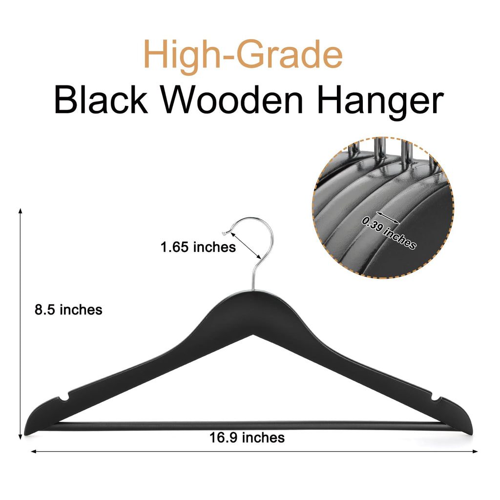 Wooden Coat Hangers 30 Pack, Black Wood Suit Hangers, 360° Swivel Hook and Non-Slip Shoulder Notches for Camisole