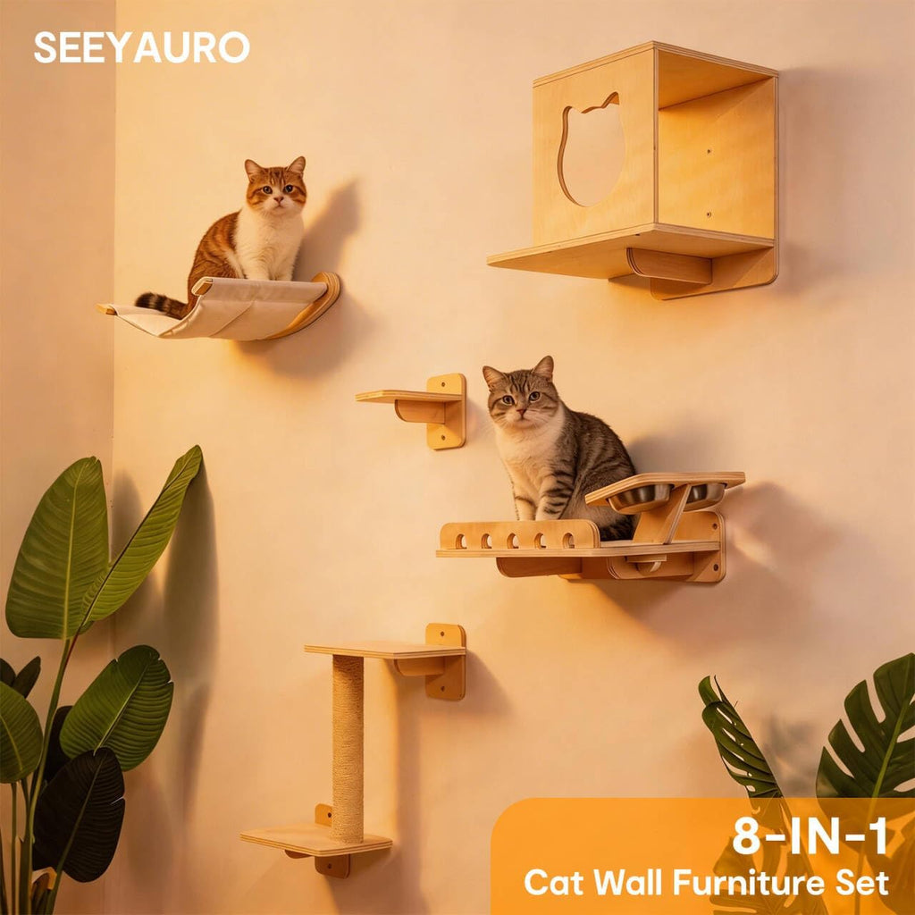 8-in-1 Cat Wall Shelves for Large Cats, Wall Mounted Cat Furniture with Feeding Station&Extra Wide Hammock, Heavy