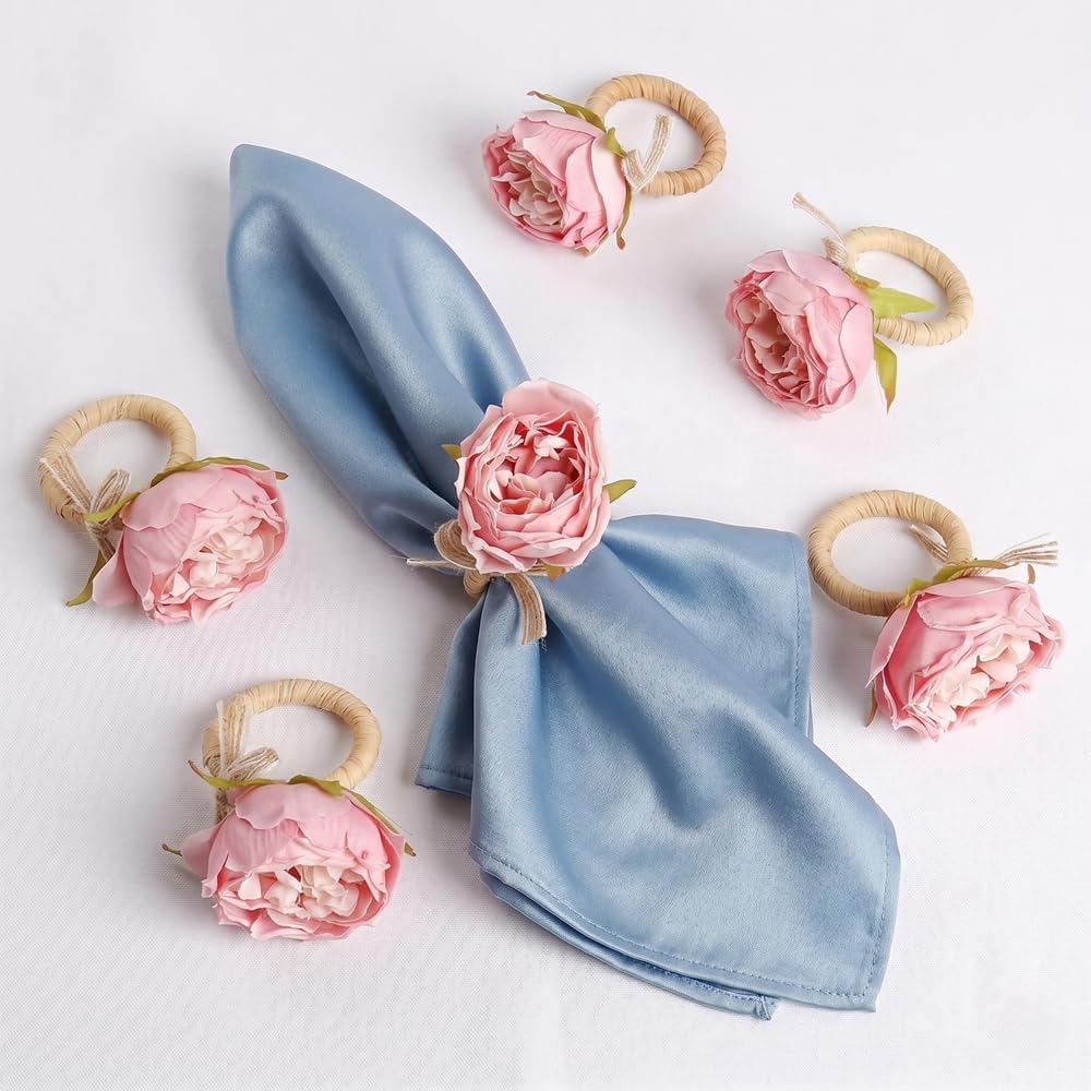 Flower Napkin Rings | Rustic Rose Tulip Napkins Holder | Spring Napkin Rings & Flower Stem Napkins Holder - Set of 12