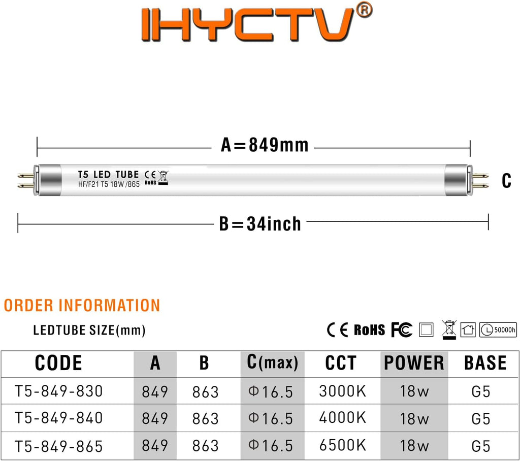 F21T5 Replacement LED Tube T5, 18W, 34 inch, 2050lm, 6500K / 865 / Daylight White, 140 Degrees, G5, Plug and Play LED