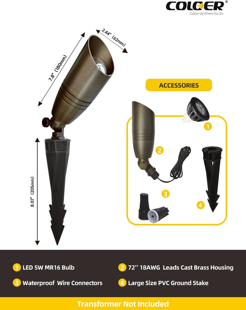 Die-cast Brass Landscape Spotlights Outdoor with 5W Aluminum Housing LED MR16 Bulb 2700K 450LM,12V AC/DC Low Voltage