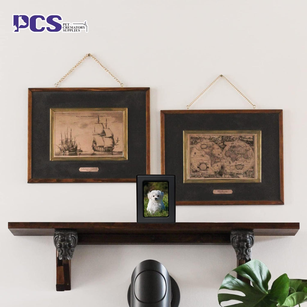 Wooden Dog Ashes Urn, Black, Solid, Small (0-25lbs), Photo Frame, Polished Finish