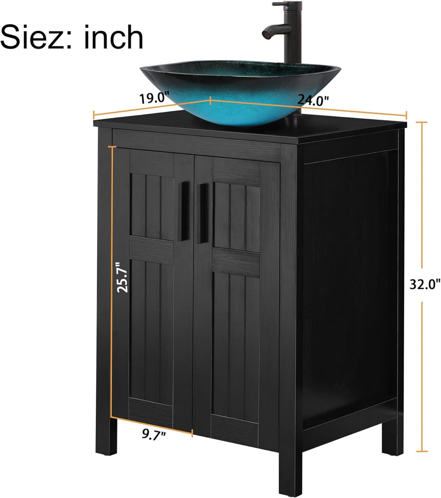 24" Black Modern Bathroom Vanity with Vessel Sink - Grooved Vanity Cabinet Combo