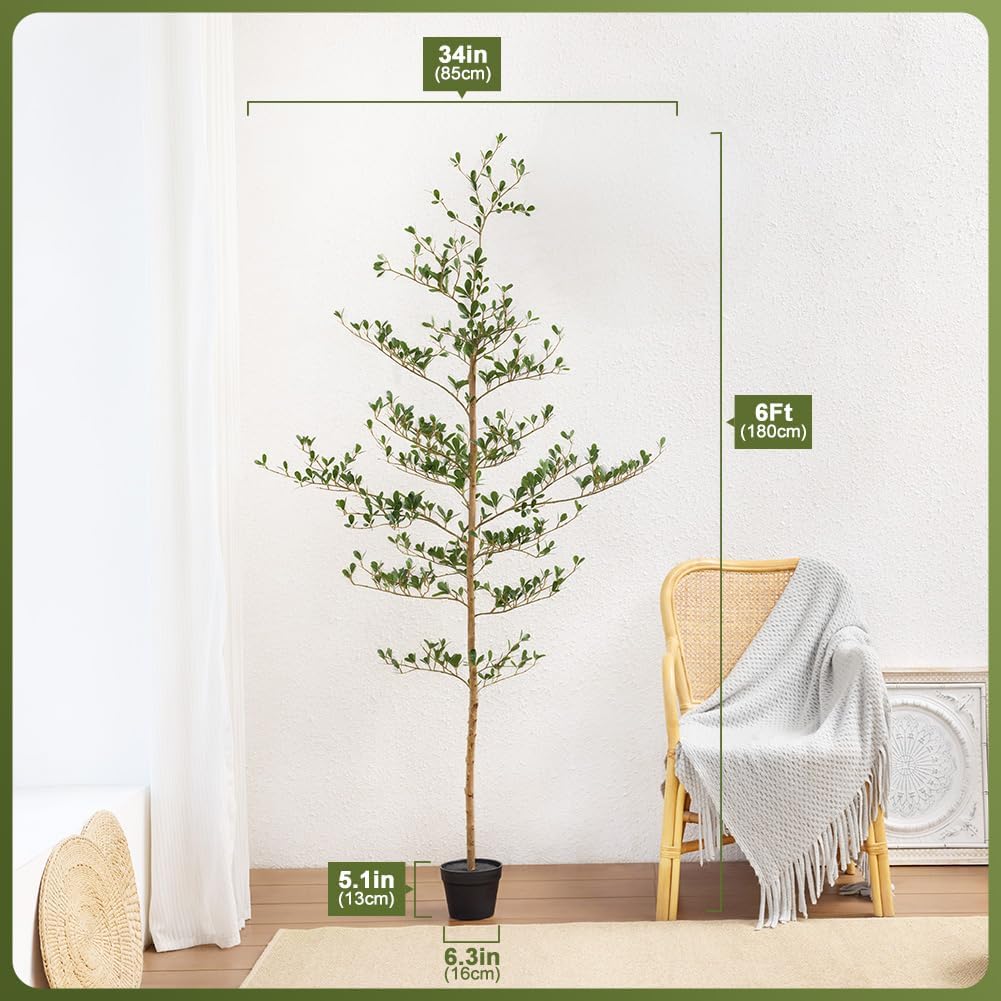 Artificial Black Olive Tree 6FT Indoor Outdoor Decor Faux Plants - Real Wood Trunk Fake Tree with Green UV Resistant