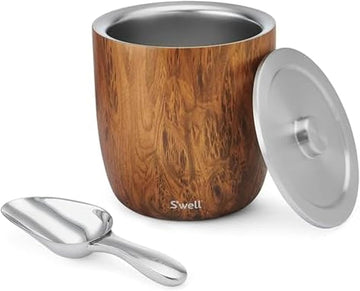 Stainless Steel Ice Bucket XL, 100oz, Teakwood, Includes Lid And Scoop, Triple Layered Vacuum Insulated Container