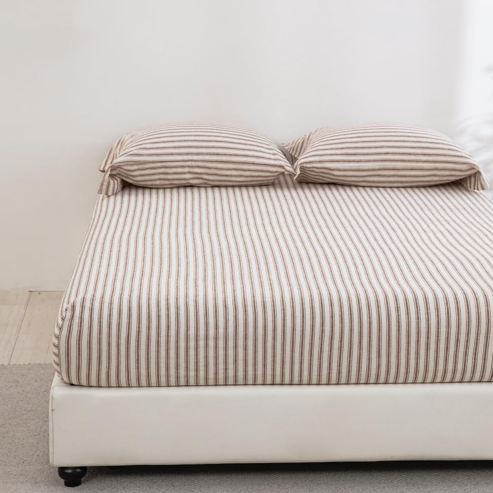 King Size Linen Blend Sheets Set, 55% Linen 45% Cotton Bedding Sets, Bedlinen Up to 16" Deep, Striped Tobacco Brown