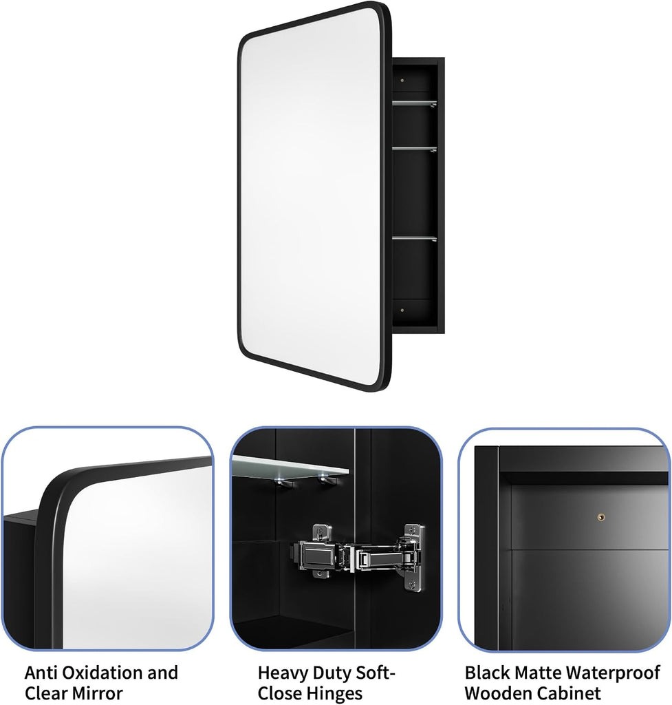 Medicine Cabinet with Black Metal Frame Mirror, Overall 17.5"x29" | Bathroom Wood Wall Cabinet with Mirror, 16.1"x24"