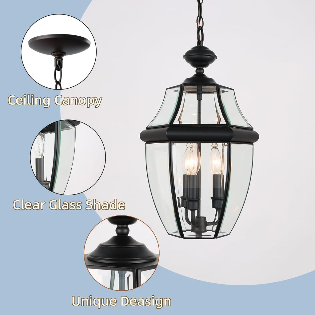 Large Outdoor Pendant Light Fixture 3-Light, 20in Modern Black Outdoor Chandelier Hanging Porch Light