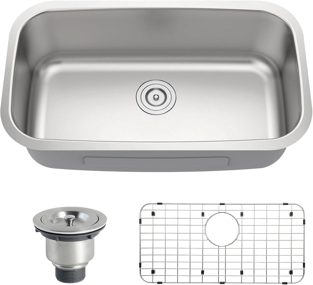 32 Inch Undermount Curved Spacious Single Bowl Kitchen Sink | 304 Stainless Steel, 18 Gauge Thickness, Brushed Satin