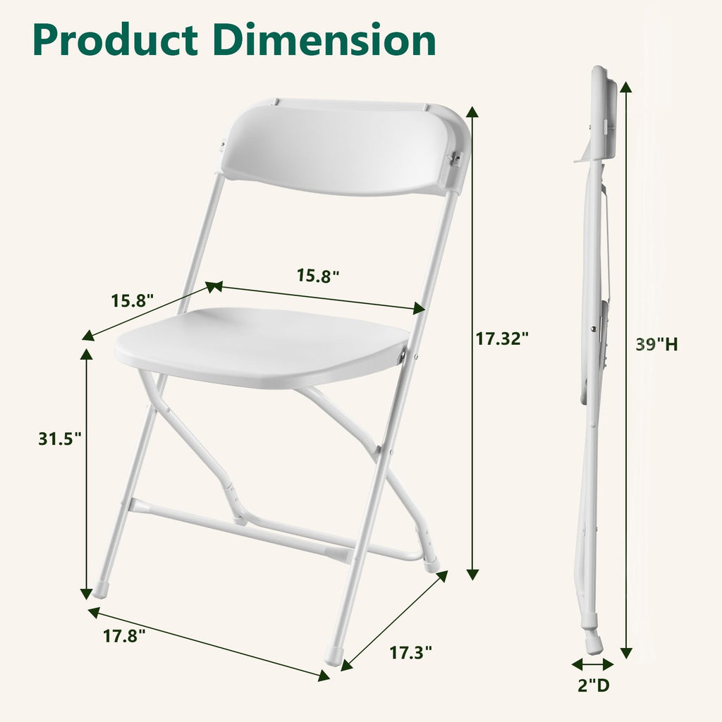 4 Pack White Plastic Folding Chairs, Outdoor Portable Folding Chair with Steel Frame, 350lbs Capacity Stackable