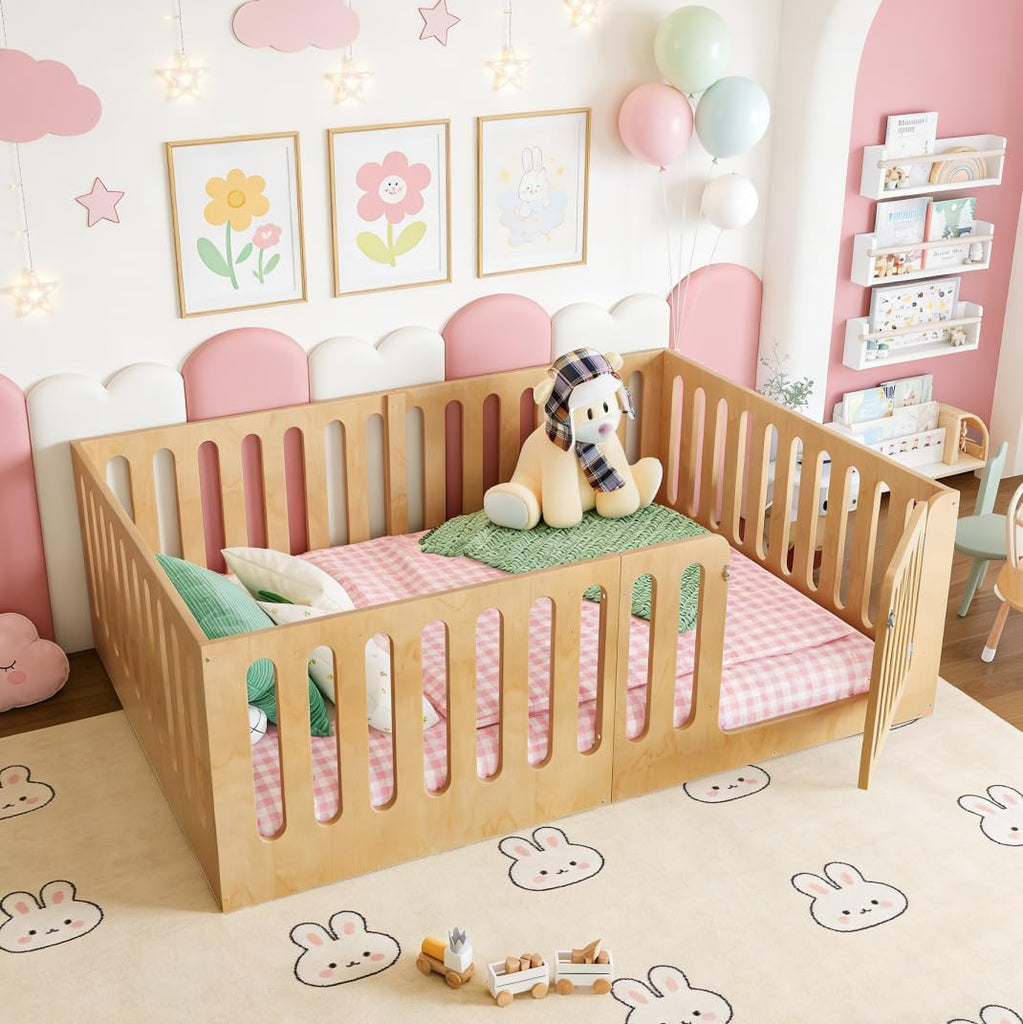 Floor Bed with Door for Kids, Floor Bed with High Fence, Wooden Montessori Beds for Kids, Natural no