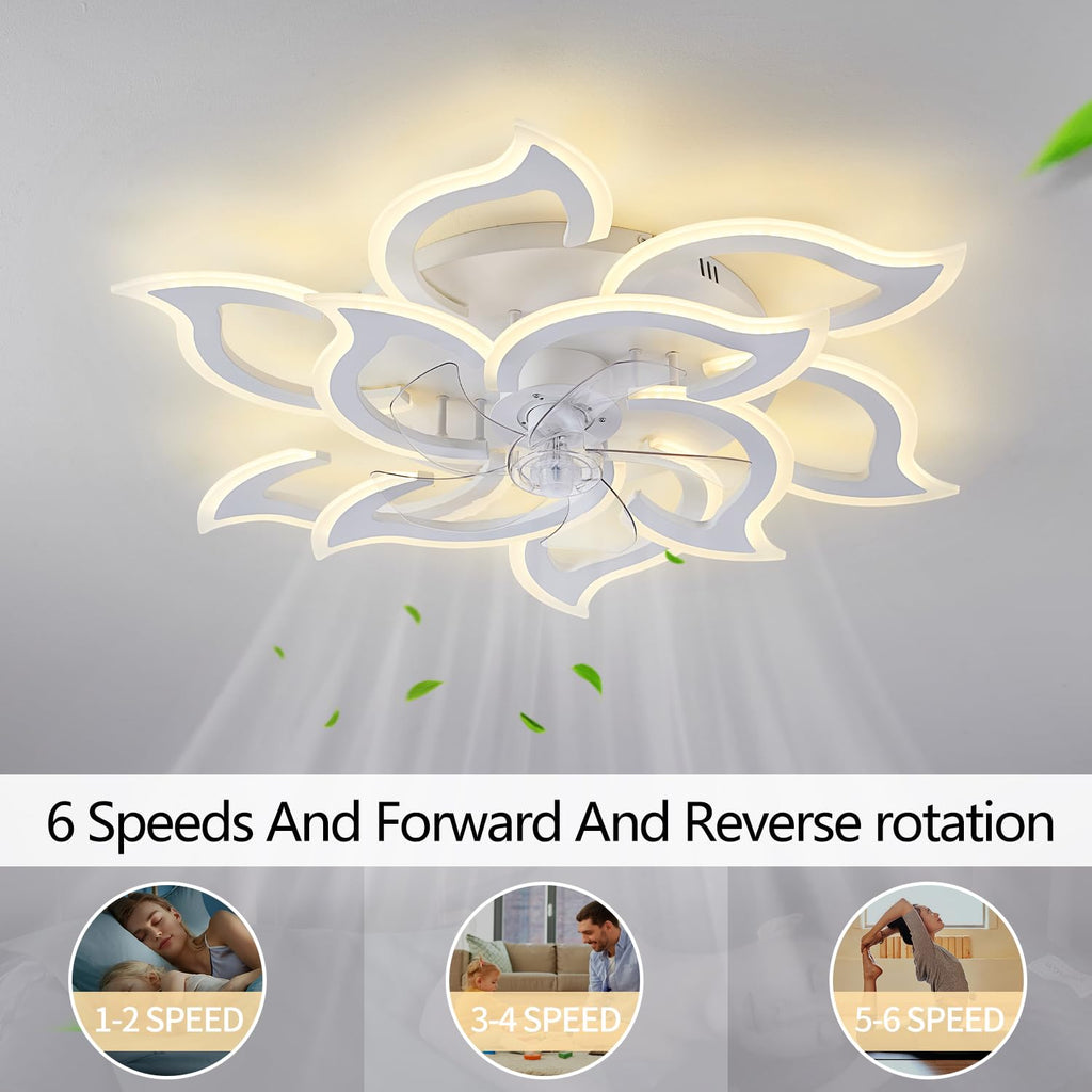 38" White Geometric Ceiling Fan with Light Remote Control, 3 Light Color 6 Speeds LED Flower Flush Mount Low Profile