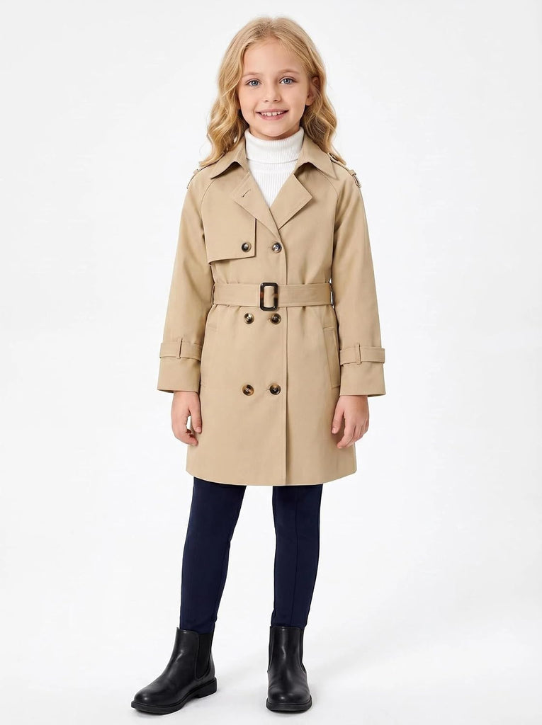 Girls Waterproof Trench Coat Double Breasted Rain Jacket khaki