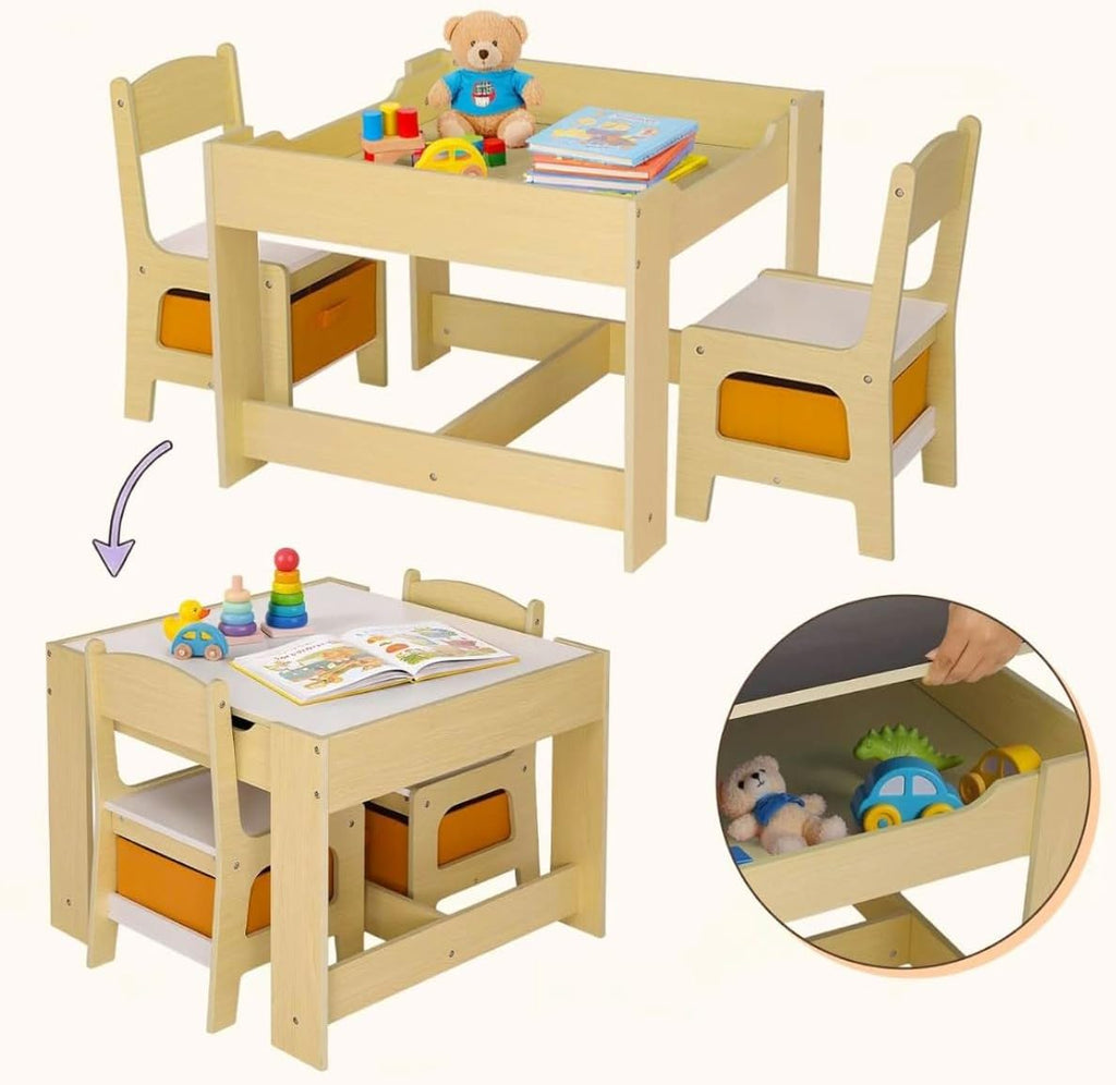 Kids Table & 2 Chairs Set, 4 in 1 Wooden Activity Table w/Storage