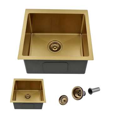 15 Inch Gold Undermount Bar Sink, 15x15 Stainless Steel Wet Bar Sink Small 18 Gauge Single Bowl Gold Kitchen Sinks