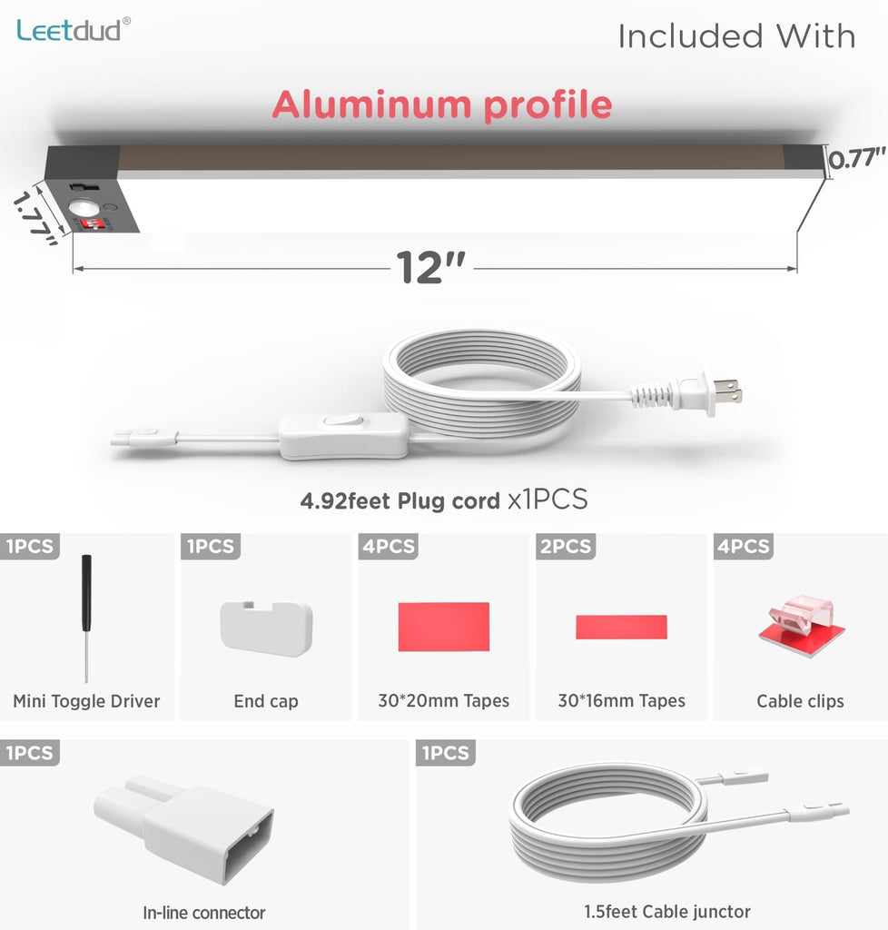 Under Cabinet Lighting Plug in 12 Inch, 120V Motion Sensor Lights Indoor, 3CCT 3000/4000/5000K, Aluminum Linkable
