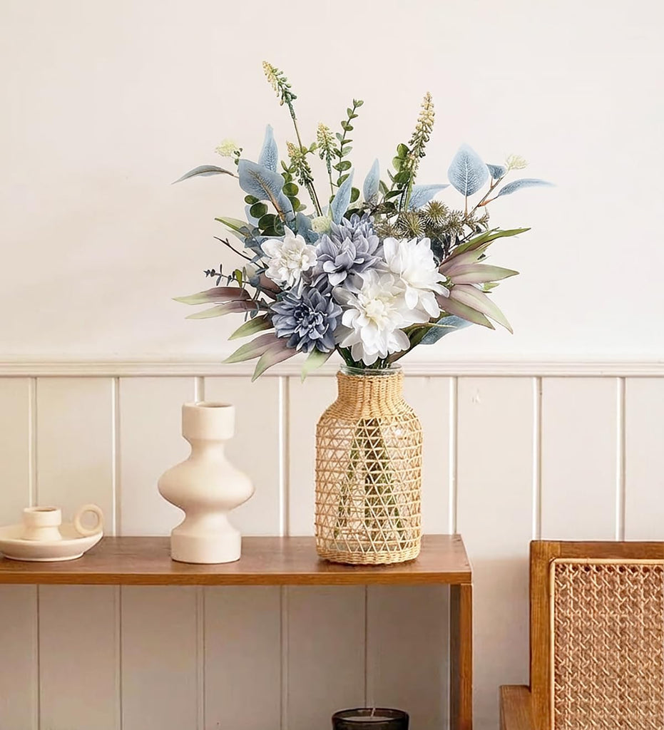 Blue White Fake Artificial Flowers Bouquet, Silk Floral Arrangements - Set of 11