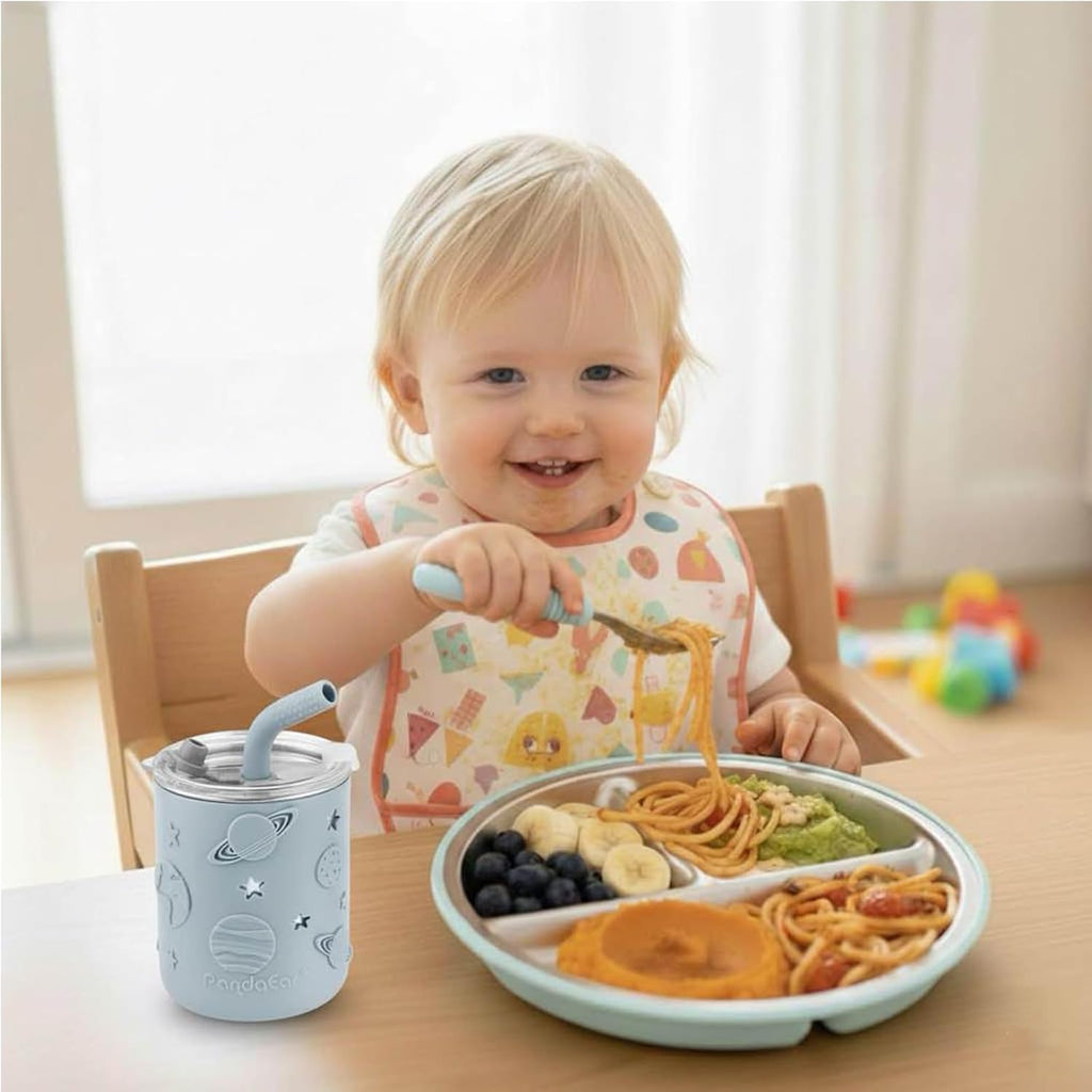In-1 Stainless Steel Baby Feeding Set | Divided Suction Plate, Bowl, Sippy Cup with Straw, Bib, Spoon & Fork