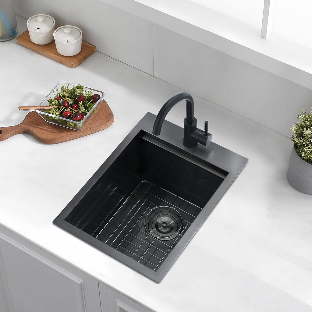 15 Drop In Black Kitchen Bar Sink, Luckyhorse 15x20x10 Inches 16 Gauge Gunmetal Black Stainless Steel Drop In