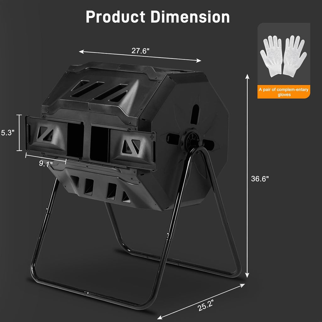 Outdoor Dual Chamber Compost Tumbler, 43 Gallon Black Rotating Batch Compost Bin with Sliding Doors for Garden