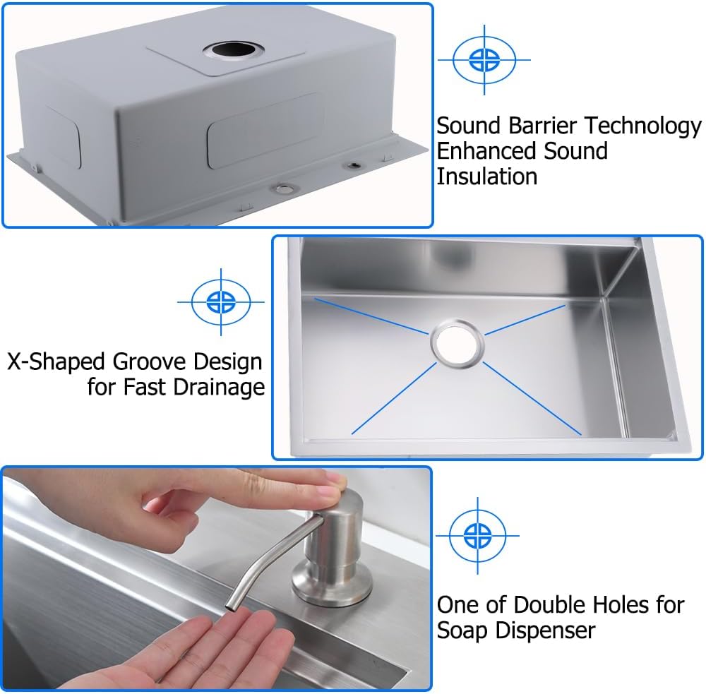 33x19 Drop Sink Workstation | Top Mount Stainless Steel 16 Gauge Handmade 10 inch Deep Single Bowl Kitchen Sink