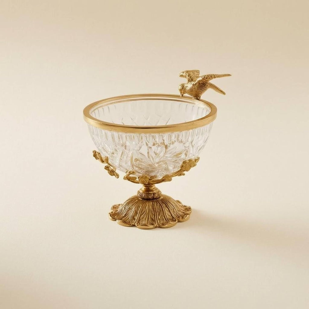 Brass Fruit Plate Bird Accents Crystal Glass Fruit Bowl Clear Decorative Pedestal Bowl