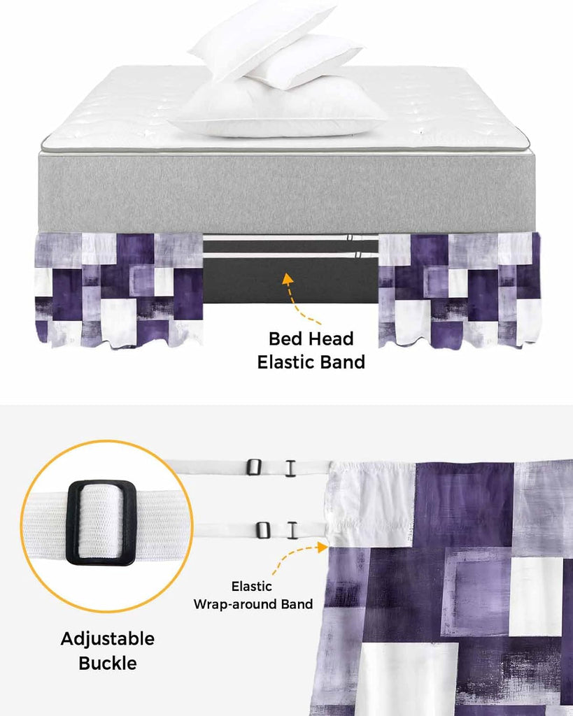 Purple Geometric Bed Skirt King Size 16 Inch Drop, Adjustable Elastic Wrap Around Bed Skirts Easy Fitting Dust Ruffle