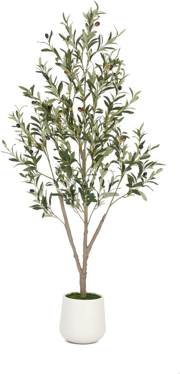 Olive Trees Artificial Indoor, 5FT Tall Faux Olive Tree with White Tall Planter, Artificial Plants with Natural Wood