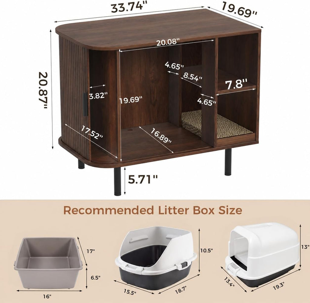 Cat Litter Box Enclosure, Kitty Hidden Litter Box Furniture with Scratch Pad, Modern Indoor Cat House, Sliding Door