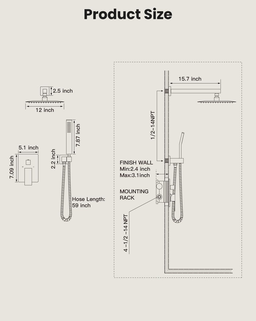 Shower Faucet Set with Handheld Spray Matte Black,12'' Head
