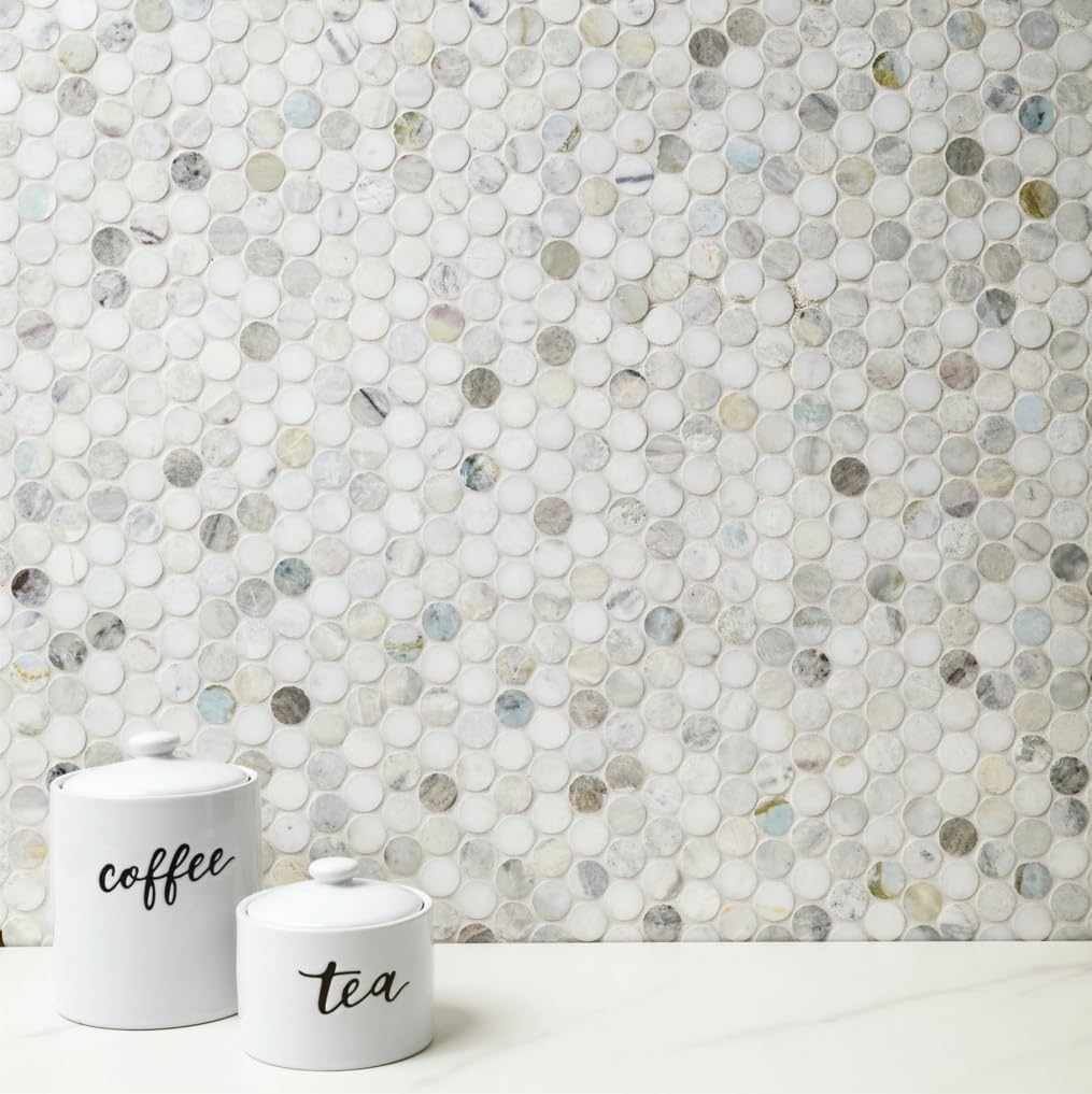HTC359 Alpine Sheen Polished Marble Penny Round Mosaic Tile Wall, Shower Floor, Kitchen Backsplash, Accent Decor (Box