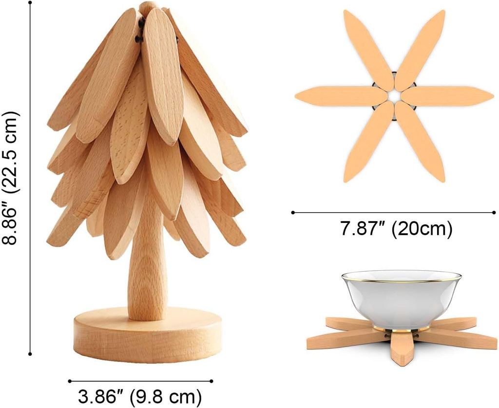Wooden Trivets for Hot Dishes,Tree Shape Trivet Set, 4 Wooden Trivets+1 Stand, Natural Foldable Kitchen Wooden Trivet