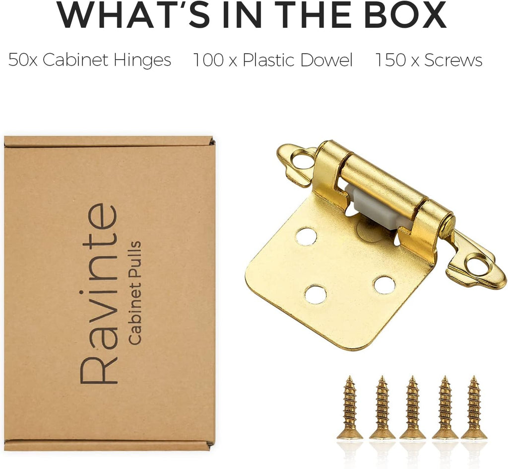 50 Pack (25 Pairs) 1/2" Overlay Cabinet Hinges, Self-Closing Semi-Concealed Face Mount, Satin Brass Decorative Hardware
