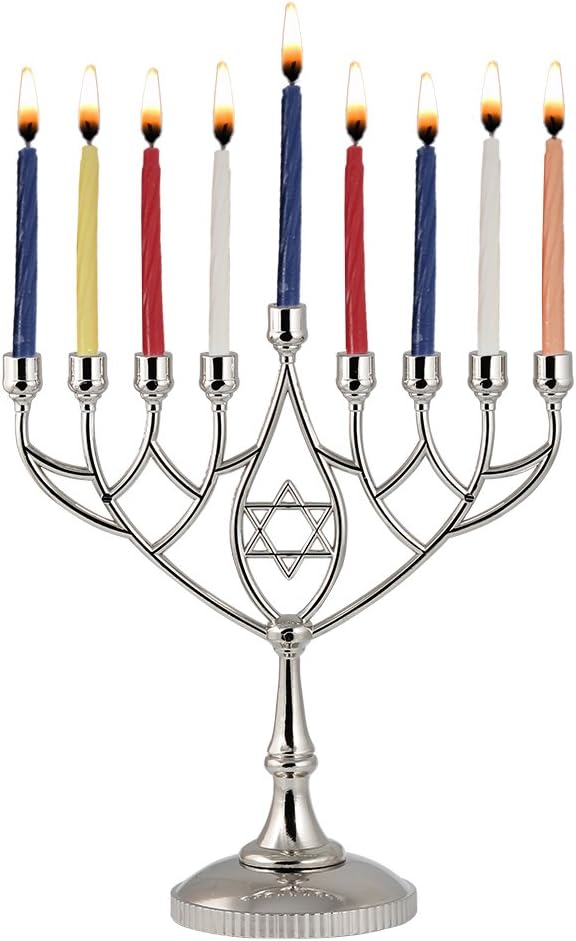 Traditional Classic Geometric Hanukkah 9" Silver Plated Chanukah Candle Minorah Fits Standard Hanukah Candles